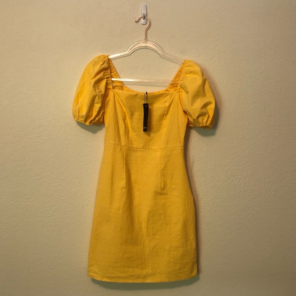 Nasty Gal Puff Sleeve Linen Look Mini Dress Yellow
